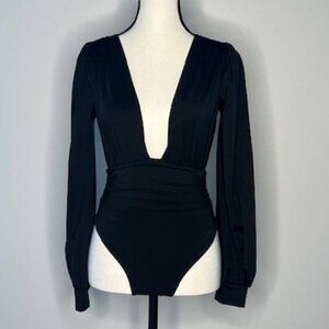 Women's Low Cut Black Bodysuit with Long Sleeves, Size Small
